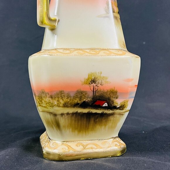 Hand-Painted Landscape Porcelain Vase Gold Accents Made In Japan - Picture 4 of 10